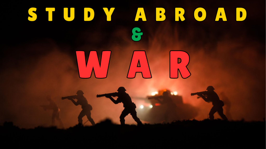Dark battlefield with soldiers and flames in background with text about study abroad and war, representing the challenges of pursuing education abroad amid Iran–Israel conflict.