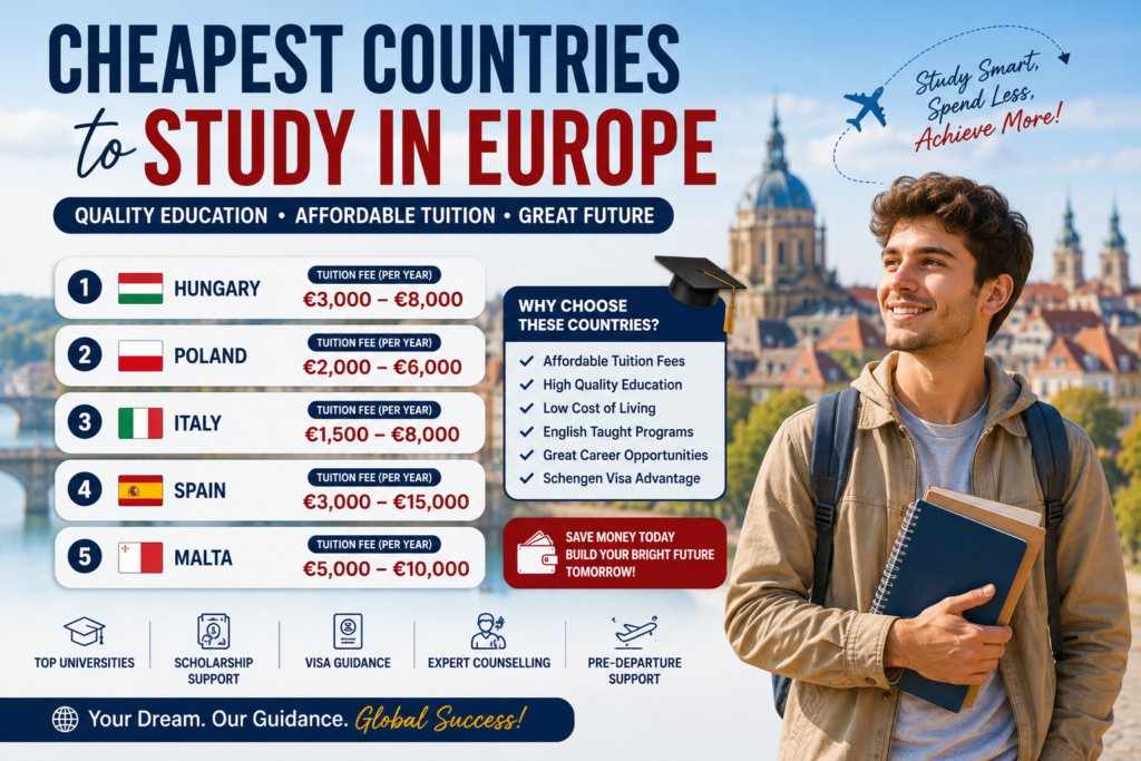Infographic highlighting the cheapest countries to study in Europe for Indian students, featuring Hungary, Poland, Italy, Spain, and Malta with annual tuition fee ranges, key benefits such as affordable education, scholarships, visa guidance, expert counselling, and a student holding books against a European city backdrop
