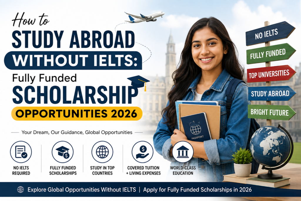 Fully funded scholarships without IELTS for Indian students in 2026 with study abroad opportunities in Canada, UK, Australia, China and Europe