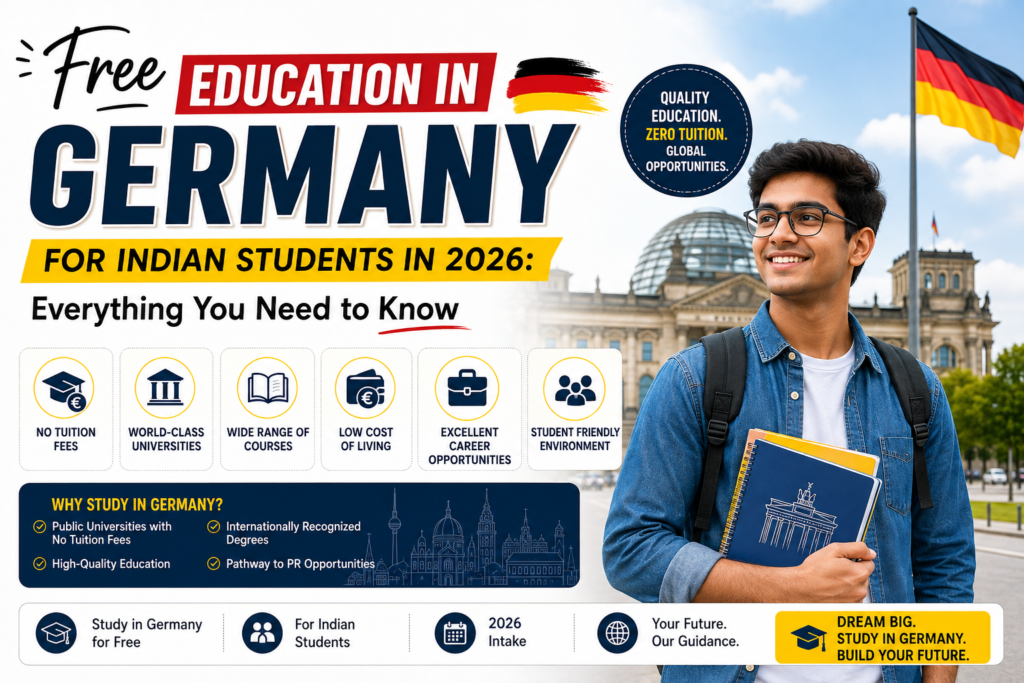 Free Education in Germany for Indian Students in 2026 – Learn how to study at top German public universities with little or no tuition fees, scholarships, affordable living costs, and excellent career opportunities.