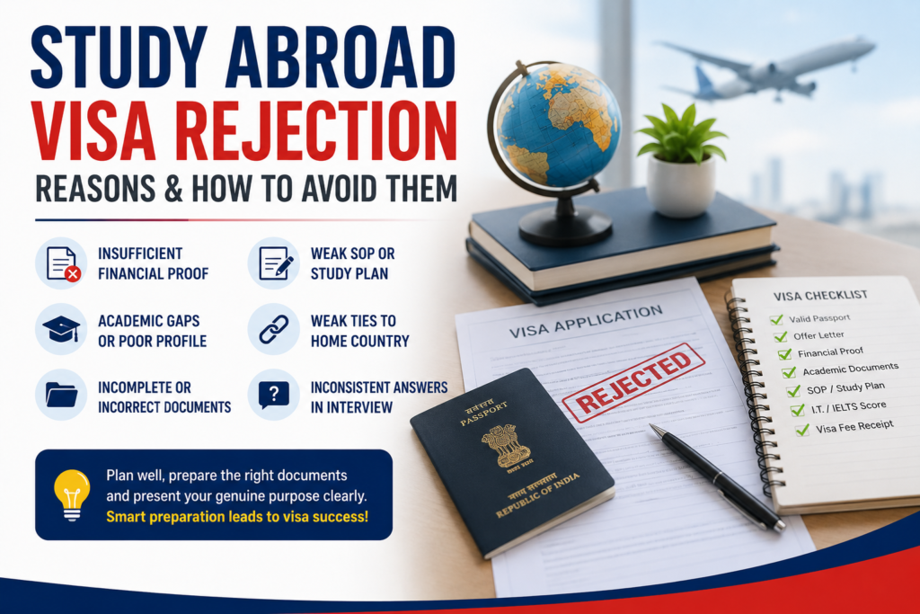 Indian student checking study abroad visa documents and learning how to avoid student visa rejection