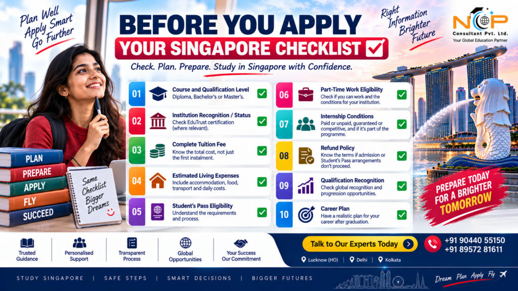 Study in Singapore promotional creative by NCP Consultant Pvt. Ltd. featuring an Indian student with Singaporeโs Marina Bay Sands and Merlion in the background. The poster highlights quality education, global career opportunities, a multicultural environment, modern city life and popular courses including Hospitality & Tourism Management, Business & Management, Logistics & Supply Chain, IT & Data Science, Sports Science & Management, and Culinary Arts & Restaurant Entrepreneurship. NCP provides university shortlisting, application support, visa guidance, accommodation assistance and pre-departure support. Contact: +91 90440 55150 or +91 89572 81611.