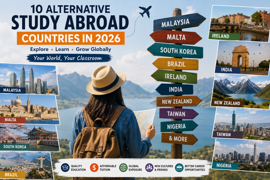 Best alternative study abroad countries 2026 for Indian students including Malta, Malaysia, Ireland, New Zealand and South Korea